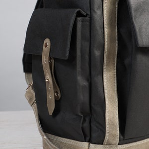 Black waxed canvas and leather commuter backpack. Waterproof Roll top rucksack for work & travel. Handmade laptop backpack. Custom daypack. image 7