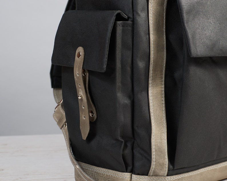 Black waxed canvas and leather commuter backpack. Waterproof Roll top rucksack for work & travel. Handmade laptop backpack. Custom daypack. image 7