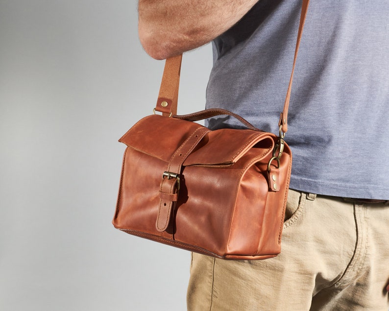 Leather lunch bag. Personalised leather bag. Shoulder leather bag. Leather snacks bag. Handmade Leather Handbag. image 7