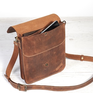 Mens leather shoulder bag. Small leather crossbody bag for tablet. Brown leather saddle bag. Personalized gift image 5