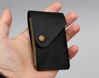 Black & olive front pocket leather wallet. Handmade minimalist slim card holder.