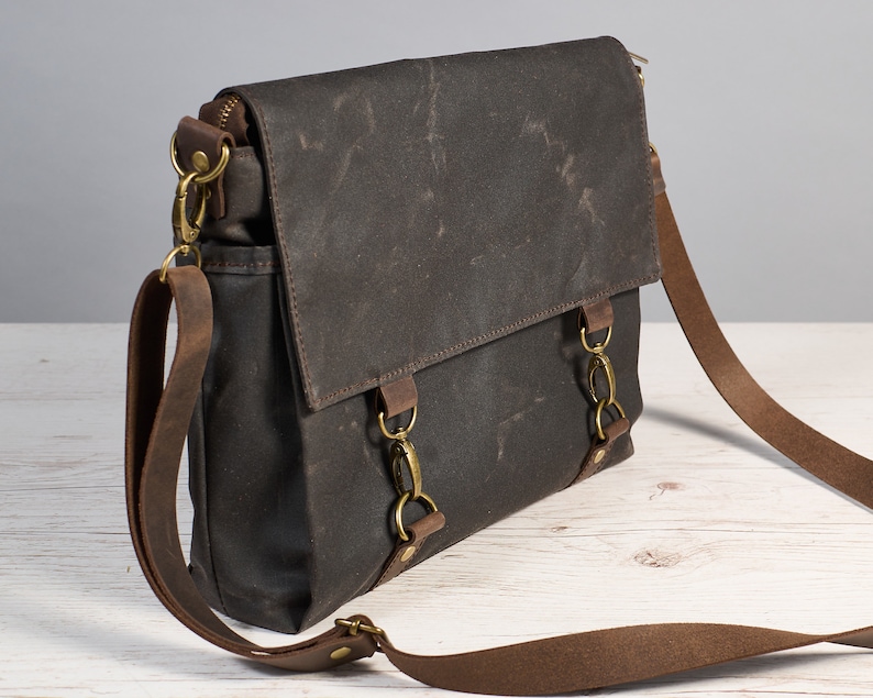 Dark grey waxed canvas messenger bag. Zip water resistant canvas and leather crossbody bag for laptop. Personalized Commuting Shoulder Bag. image 2