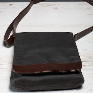 Waxed canvas tablet messenger bag. Brown small men's crossbody bag with leather strap. Water resistant vertical canvas bag for travel. image 5