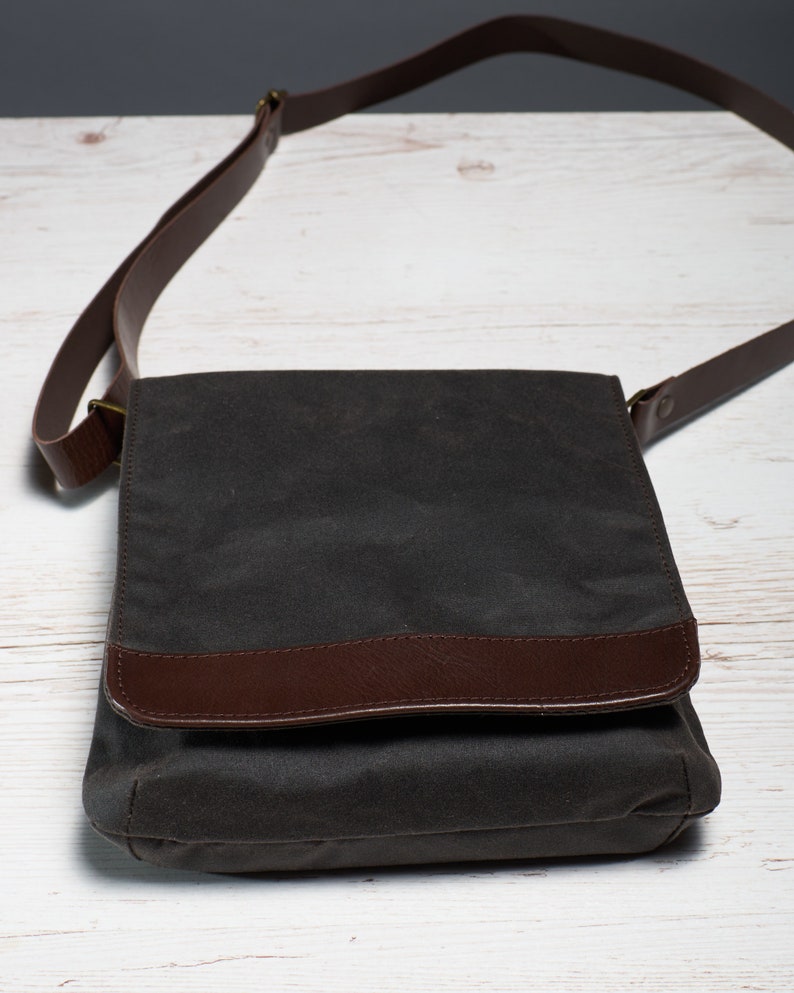 Waxed canvas tablet messenger bag. Brown small men's crossbody bag with leather strap. Water resistant vertical canvas bag for travel. image 5