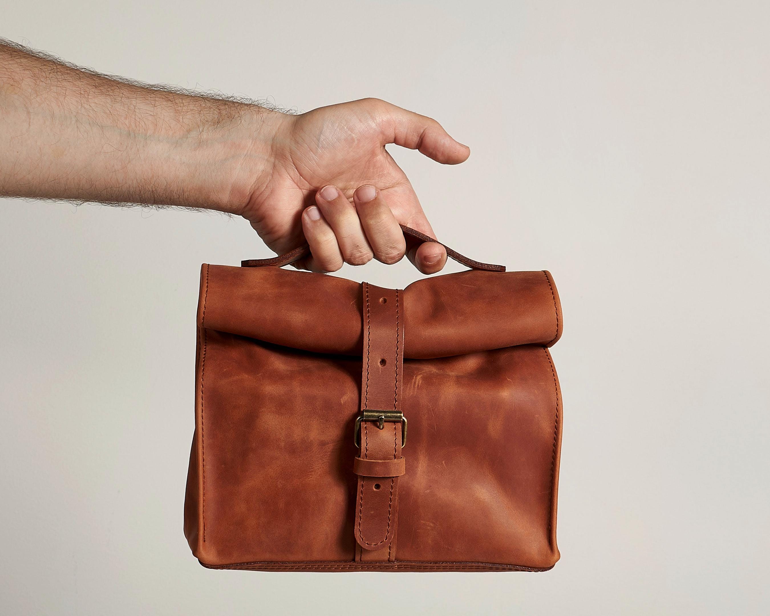 Leather lunch bag. Personalised leather bag. Shoulder leather bag. Leather snacks bag. Handmade Leather Handbag.