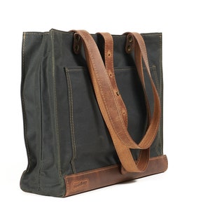 Waxed canvas tote bag in dark green timber. Leather handles, key chain image 2