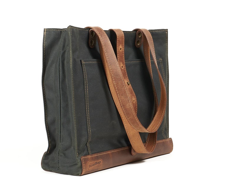 Waxed canvas tote bag in dark green timber. Leather handles, key chain image 2