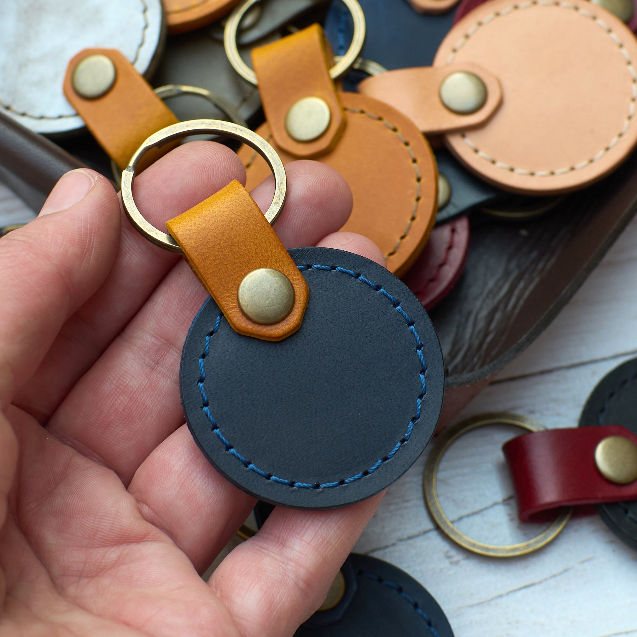 Monogram Leather Keyring. Vegetable Tanned Leather Circle