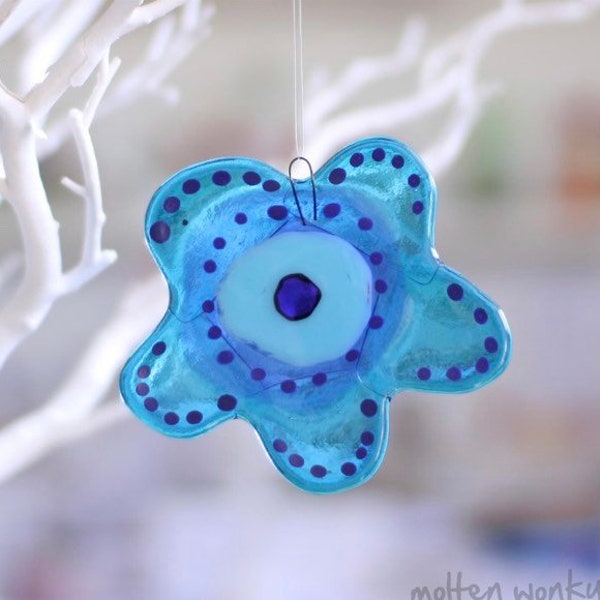 Blue Flower Barmy Bloom Fused Glass Hanging Decoration | Handmade glass hanging decoration | Birthday Present