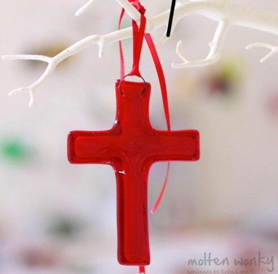 Molten Wonky Fused Glass Hanging Red Snowflake Gift Christmas Tree Decoration