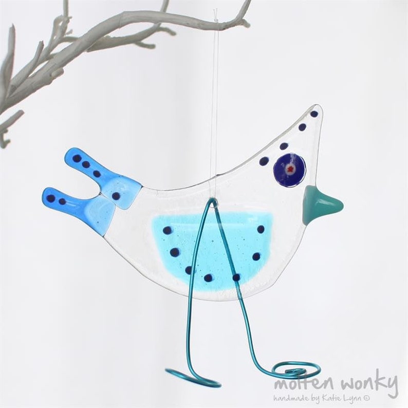 Fused Glass Turquoise Birdy Bird fused glass hanging bird decoration birthday present glass bird blue tit bird birthday present image 2