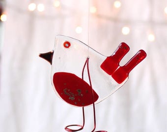 Handmade Fused Glass Robin Decoration | Solid Red Breast Robin | Christmas Hanging Ornament | Best Selling Bird