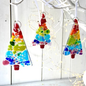 Make At Home fused glass craft kit with rainbow glass to decorate three mini Christmas trees