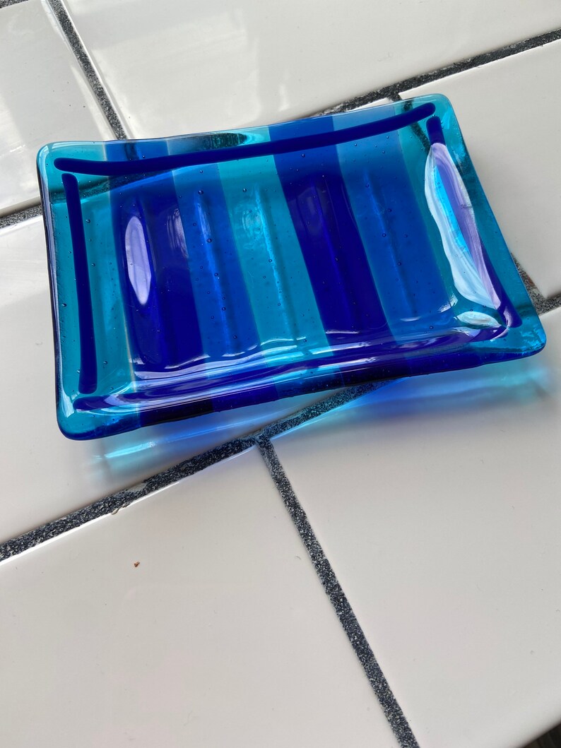 Fused Glass Blue Strip Soap Dish Handmade Soap Holder Etsy