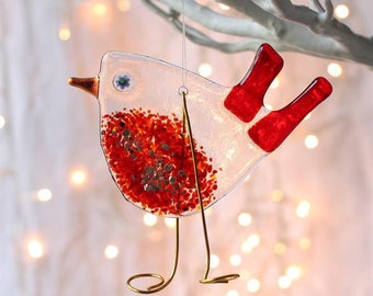 Handmade Fused Glass Robin Decoration | Speckled Robin Red Breast | Christmas Hanging Ornament | Best Selling Bird