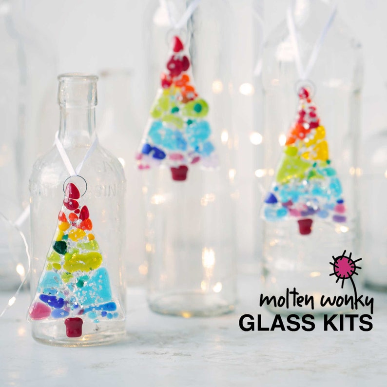 Fused Glass Craft Art Mini Christmas Tree Kit | Rainbow | hanging decoration Christmas  | make at home DIY decorations 