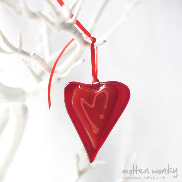 Red Fused Glass Little Love Heart | handmade hanging decoration | Valentines | fused glass heart | birthday present | red glass | gift