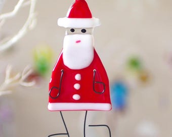 Handmade Fused Glass Santa Decoration | Christmas Tree Ornament | Dangly Wire Arms & Jingle Bell | Gift Boxed