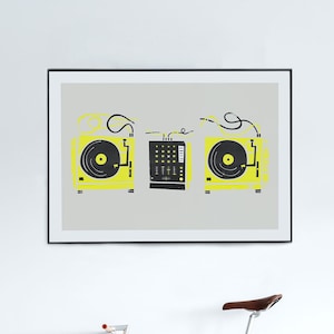 Vinyl DJ Print, Turntables and Mixer Print, Techno Music Gift for DJ, Wall Art for House Music Lover, Analog Music Geek