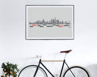 London Skyline Print, City Print, Double Decker Bus, Art panoramique, Travel Print, Mid Century Retro Style, Wall Art, Londres Souvenirs