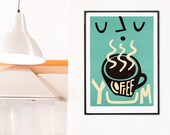Coffee Print, Coffee Decor, Coffee Lovers Gift, Breakfast Nook Decor, Coffee Poster Big Wall Art Kitchen, Retro Art Coffee Sign, Teal Art