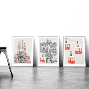 Set of 3 Barcelona Prints. Barcelona City Print, Sagrada Familia, and Cable Cars Prints. 3 Piece City Wall Art. image 1