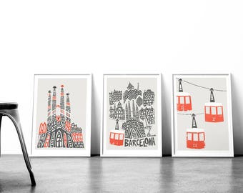 Set of 3 Barcelona Prints. Barcelona City Print, Sagrada Familia, and Cable Cars Prints. 3 Piece City Wall Art.