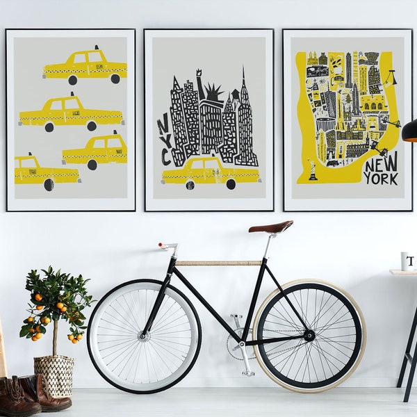 Set of 3 Manhattan NYC Prints - Manhattan Illustrated Map, New York Cityscape, Yellow Taxicabs Prints, Travel Gallery Wall