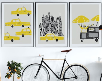 Set of 3 New York Prints, Birthday Gift, New York Wall Art, Cityscape Gallery Wall, NYC Taxi Cab, Yellow Wall Decor Apartment, Travel Art