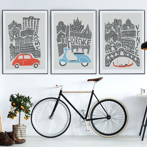 Set of 3 Italy Prints, Girlfriend Gift, Rome, Florence, Venice, Gallery Wall Art, Italian Poster, Retro Wall Art, Travel Posters, Landmarks