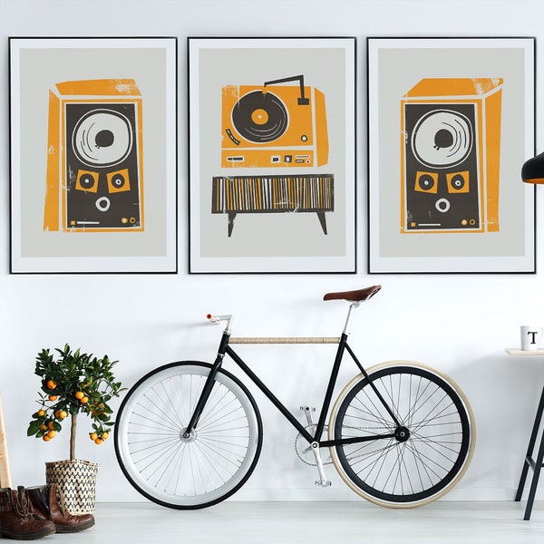 Set of 3 Record Deck and Speakers Prints, Music Room Decor, Gift for Music Lover, Mid Century Turntable Art, Vintage HiFi Wall Art
