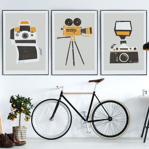 Set of 3 Camera Prints, Gift for Photographer, Cine SLR Camera, Cinematographer Gift, Gallery Wall, Mid Century Art, Movie Director