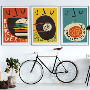 Retro Food Art Set Of 3, Kitchen Art Print, Foodie Gift Brother Sister, Wall Decor Posters, Sushi, Burger, Spaghetti, Restaurant Chef Art image 1