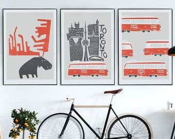 Set of 3 Toronto Prints - Toronto Skyline with iconic city landmarks, Canadian moose with abstract antlers, and Toronto streetcars.