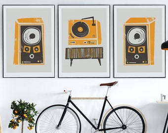 Set of 3 Record Deck and Speakers Prints, Music Room Decor, Gift for Music Lover, Mid Century Turntable Art, Vintage HiFi Wall Art