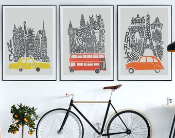 New York, London, Paris Prints, City Set of 3, Gift for Traveller, Boyfriend Gift, Housewarming Gift, World Travel, Living Room Wall Art