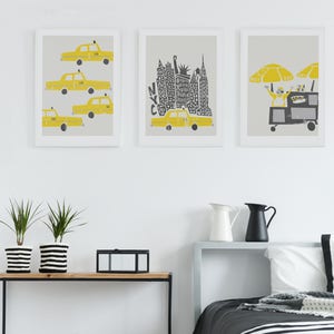 Set of 3 New York Prints, Birthday Gift, New York Wall Art, Cityscape Gallery Wall, NYC Taxi Cab, Yellow Wall Decor Apartment, Travel Art image 2