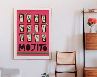 Mojito Cocktail Print, Bright Retro Wall Decor for Kitchen or Home Bar, Vintage Mid Century Style Food and Drink Poster