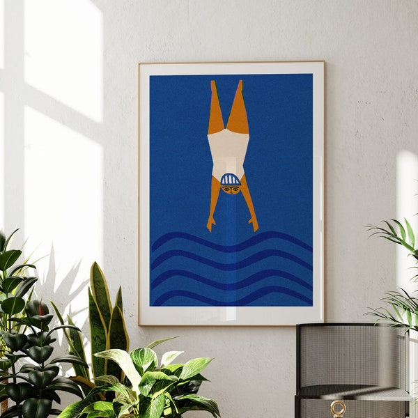 Wilder Schwimmtaucher Print, Art Deco Poster, Offenes Wasser, Ins Wasser, beruhigendes blaues Interieur, Meeresschwimmer, Mid Century Modern
