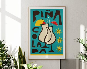 Pińa Colada Cocktail Print, Vintage Advertisment Poster, Retro Mid Century Wall Art with Summer Holiday Vibes