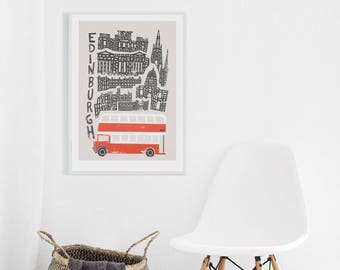 Edinburgh City Print, Scotland Wall Art, Scottish Poster, British Design, Bus Poster, Living Room Wall Art, Gift For Dad, Secret Santa