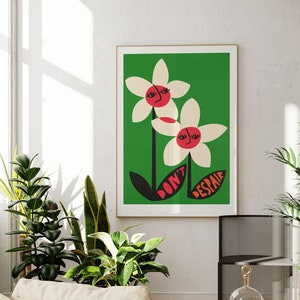 Mid Century Flowers Print. Floral print for bedroom. Bright retro pink & white daisies on a green background.