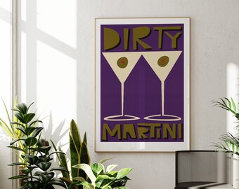 Dirty Martini Cocktail Print, Vintage Poster for Kitchen, Retro Aesthetic Dorm Room Wall Art, Hallway Gallery Wall Design
