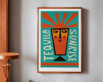 Tequila Sunrise Cocktail Print for Kitchen or Dining Room, Retro Vintage Sunburst Art, Mid Century Graphic Design Poster