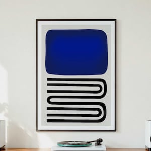 May include: A framed wall art print featuring a large solid dark blue rectangle positioned above a series of black horizontal lines that curve and connect in a continuous, stacked, U-shaped pattern against a light gray background.