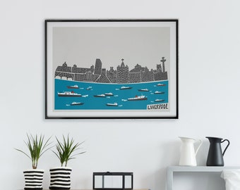 Liverpool Skyline Print, Scouse Gift, City Print, Mid Century Travel Wall Art, Ferry Boats, River Mersey, Living Room Wall, Husband Gift