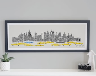 New York Print, Panoramic Wall Art, New York Gifts, Mid Century Modern, Apartment Decor, Oversized Art, Housewarming Gift, Bedroom Decor