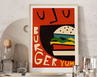 Burger Art Print, Gift For Him, Fast Food Man Cave, Fun Art For Office, Foodie Cheeseburger Poster, Hamburger Pop Art, Americana Diner