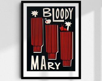 Bloody Mary Cocktail Print: Red And Black Kitchen Wall Art - Bar Cart Decor