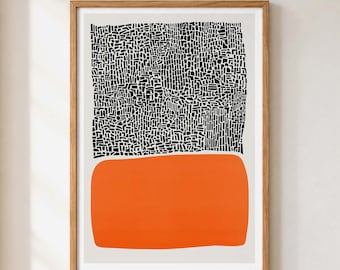 May include: A framed wall art print featuring a top section with a dense black and white mosaic-like pattern of small irregular shapes and a bottom section consisting of a solid, rounded rectangular block of vibrant orange on a light background.